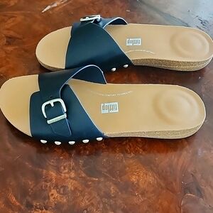 Fitflop Womens iQuishion Adjustable Buckle Black Leather Slide Sandals - Size 10